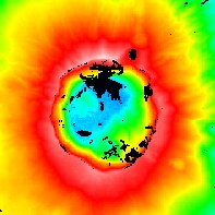 火口周辺の標高段彩図