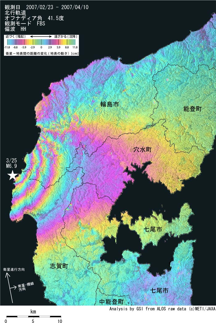 「だいち」合成開口レーダーによる地殻変動分布図