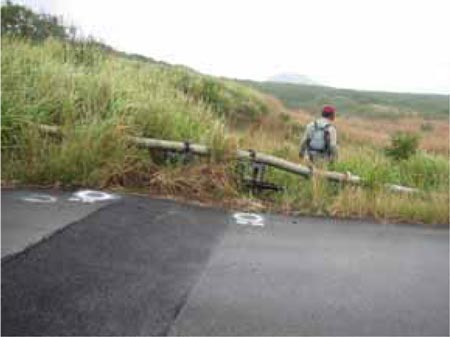 断層運動により現れた道路上の亀裂補修箇所。<br />縦ずれ変位量は約10cm