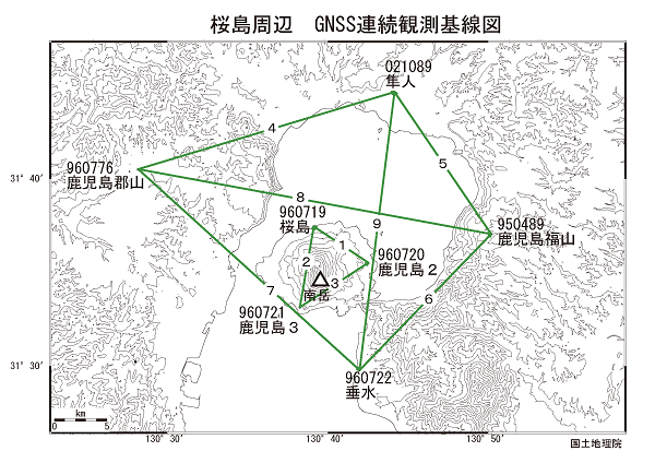 桜島周辺ＧＮＳＳ基線図