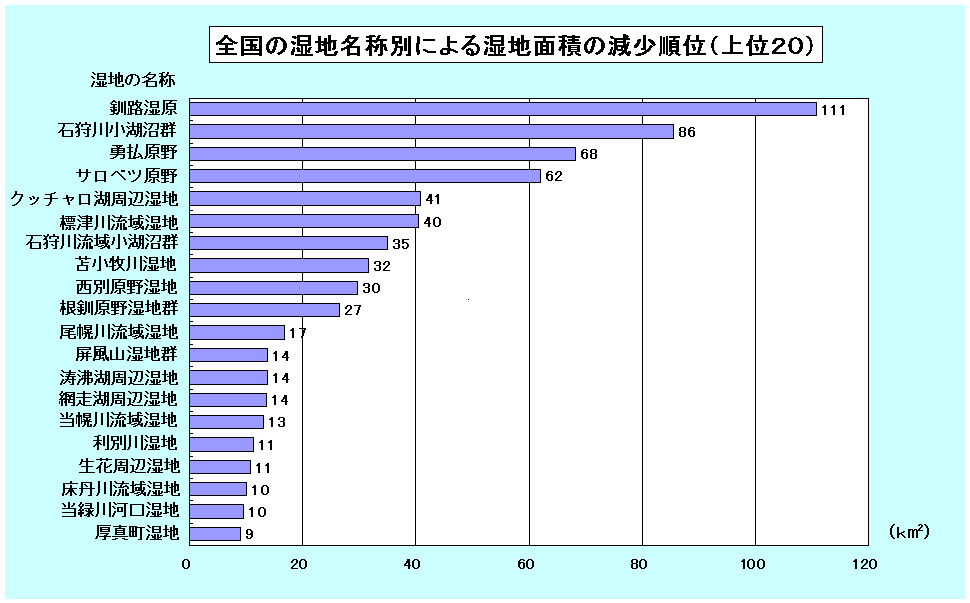 全国の湿地名称毎に明治・大正時代から現代までの湿地面積の減少量を比較し、減少量の大きいものを20位まで表示したグラフ