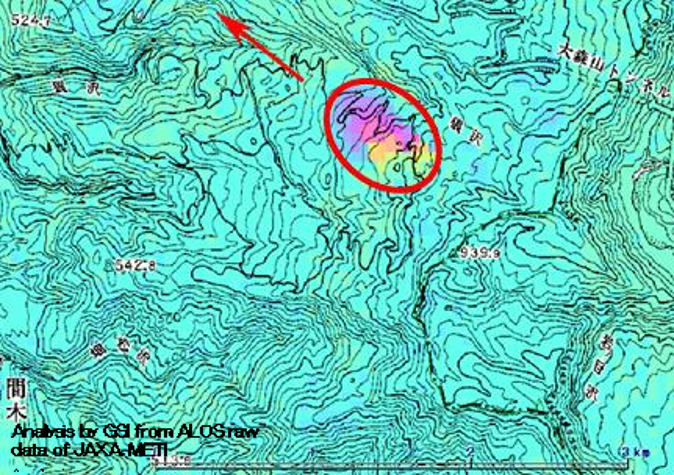 秋田県東成瀬地区における狼沢地すべりのSAR干渉画像の図