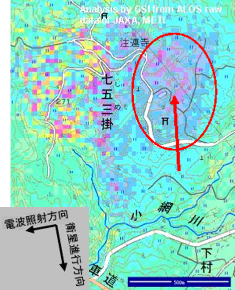 山形県月山地区における七五三掛地すべりに対応したSAR干渉画像の図