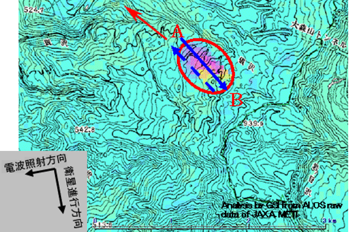 秋田県東成瀬地区における狼沢地すべりに対応したSAR干渉画像の図(図1の再掲)