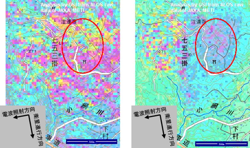 七五三掛地すべりのSAR干渉画像の2図(左:2009年3月20日~5月5日、右:5月5日~8月5日)