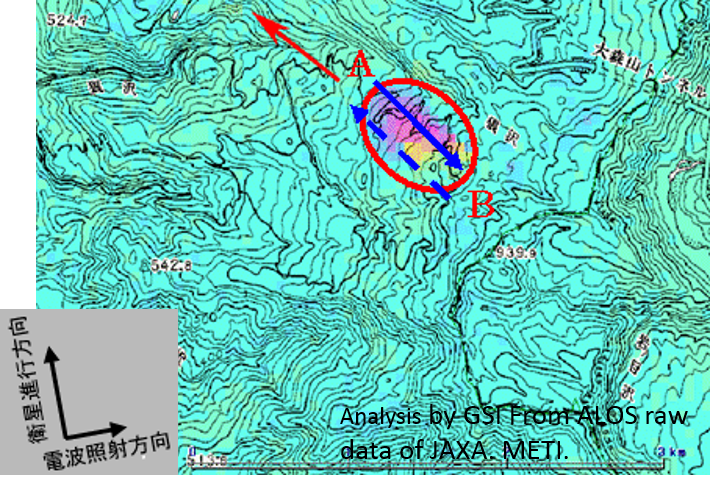 秋田県東成瀬地区における狼沢地すべりに対応したSAR干渉画像の図(図1、図7の再掲)