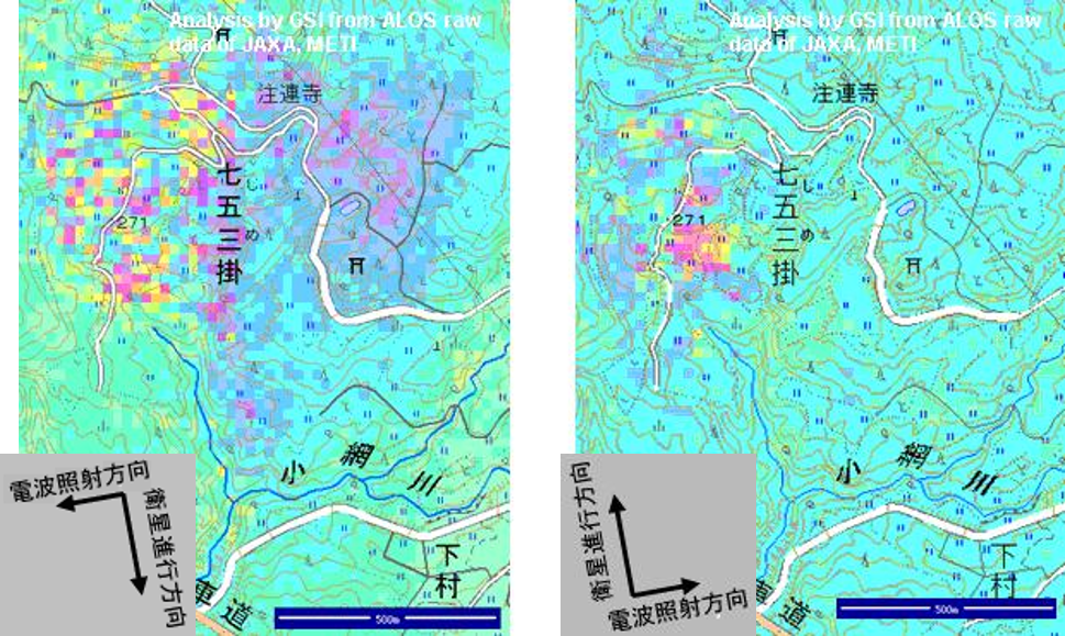 七五三掛地すべりのSAR干渉画像の2図(左:5月5日~8月5日、右:6月14日~7月30日)