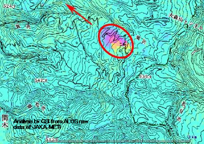 秋田県東成瀬地区における狼沢地すべりに対応したSAR干渉画像の図
