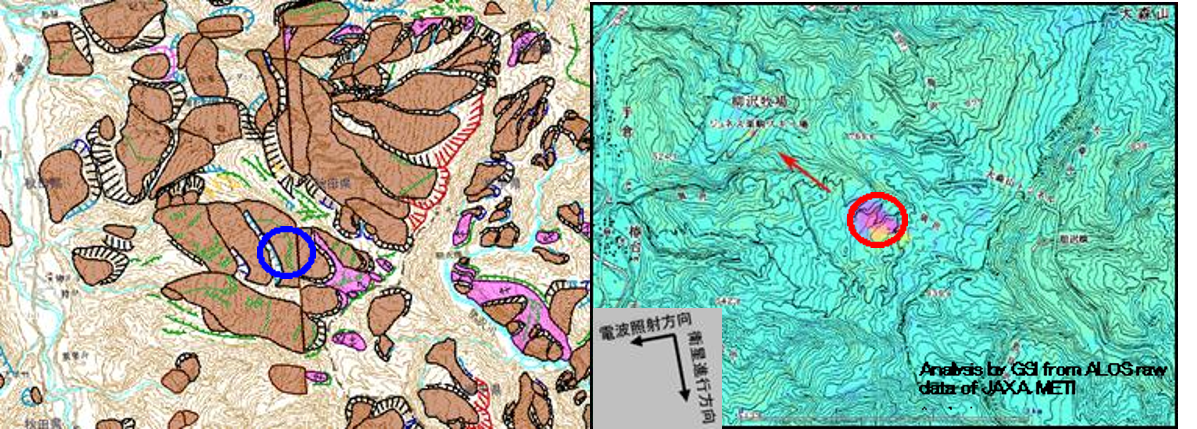 秋田県東成瀬地区の狼沢地すべり周辺の地すべり地形分布図(左)とSAR干渉画像(右)の比較