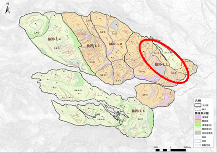 狼沢地すべり周辺の地形分類図(干渉縞のある位置は図の楕円の位置に概ね相当)