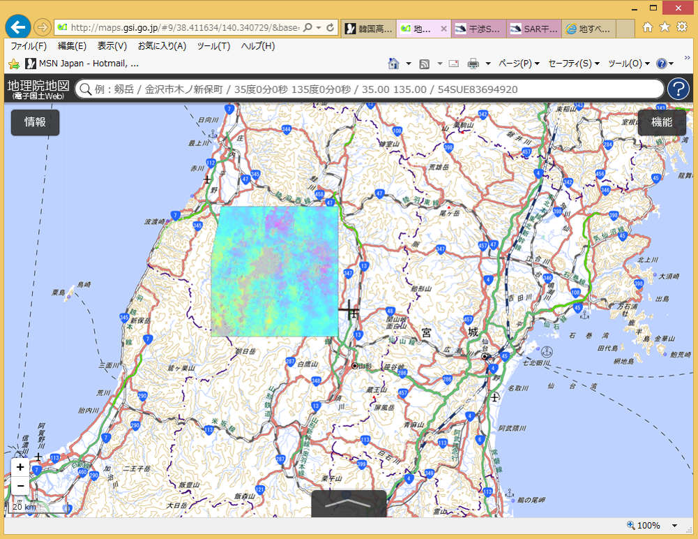 図3 地理院地図上に表示されたSAR干渉画像(ステップ1)