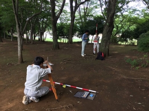図２．地形測量実習。等高線を描画練習。（小平中央公園）