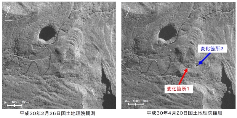 硫黄山航空機SAR画像の新旧比較(北東側からの画像)
