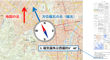 電子地形図25000を例として、地図の北と磁北のずれを表しています。