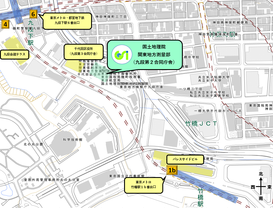 九段第二合同庁舎周辺の地図と関東地方測量部への案内図