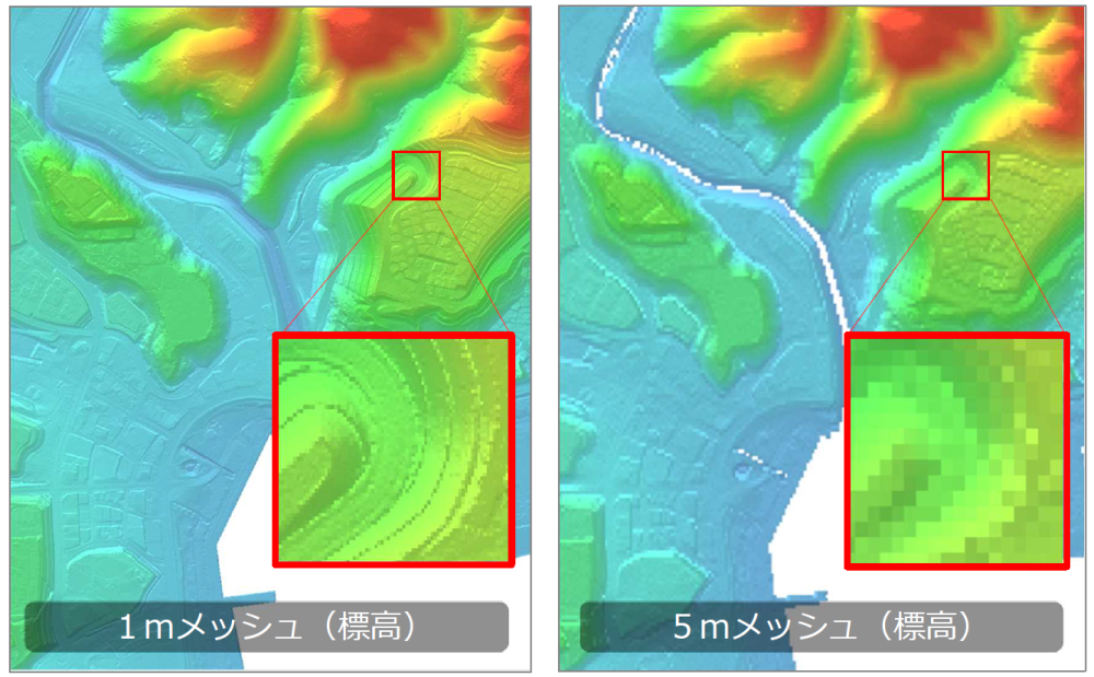基盤地図情報（数値標高モデル）1ｍメッシュ（標高）と5ｍメッシュ陰影段彩表示での見え方の違い