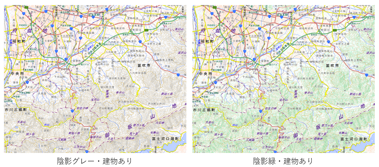 サンプルデータの表示イメージ（陰影・建物なし、陰影緑・建物あり）